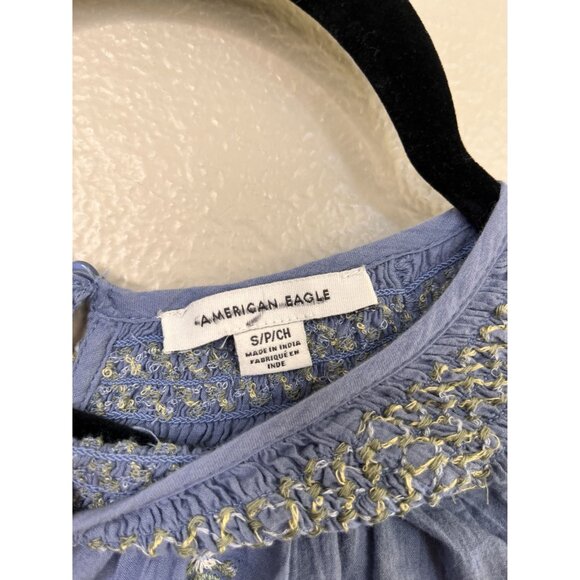 American Eagle Womens Blue Embroidered Crop Blouse Size S Bohemian Cotton - Picture 4 of 7